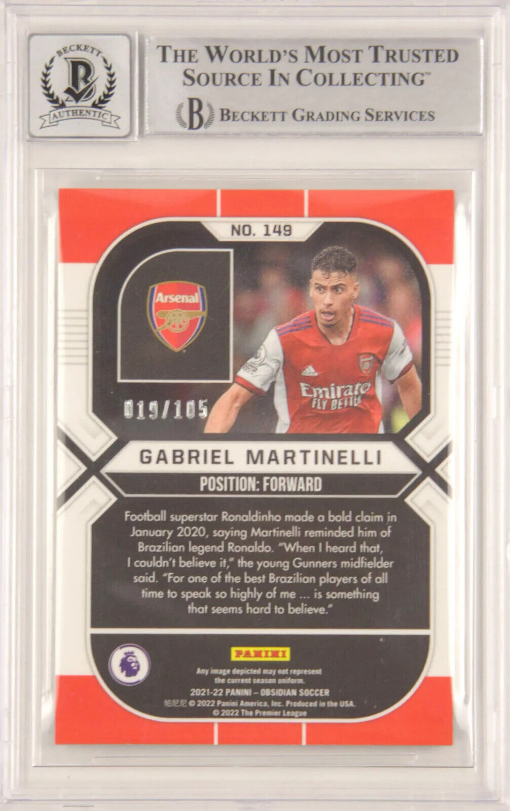 Gabriel Martinelli Signed 2021-22 Panini Obsidian Rookie /105 – BGS 9 Autograph
